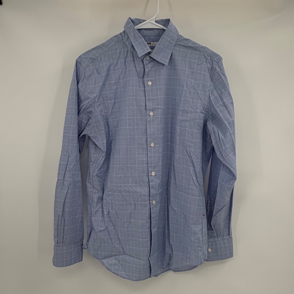 Uniqlo Button Down Shirt Mens Small Blue Slim Fit Plaid Long Sleeve - Picture 2 of 6